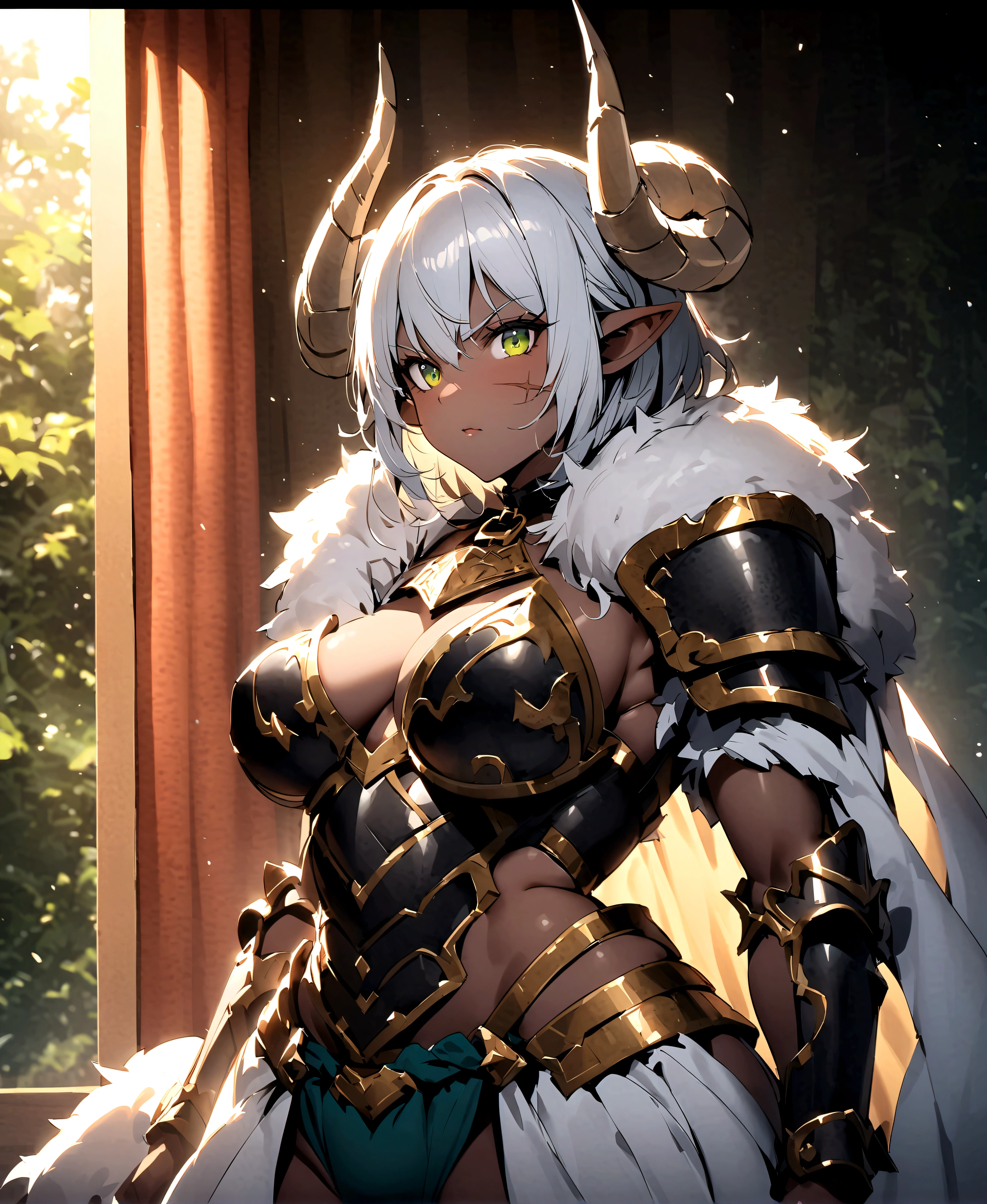 Score_9、score_8_up、score_7_up、score_6_up、Snowy forest background、Close-up、Combat posture、source_アニメ、Upper Body、Subjective、pubic hair、Barbarian Armor、Fur ornament、scar、Short Hair、Muscular woman、Draw、Elf Ears、White Hair、Pigmented dark skin、Grey Skin、Ram's horns、Lock the curtains、Waist wrap、、Huge bulge、vein