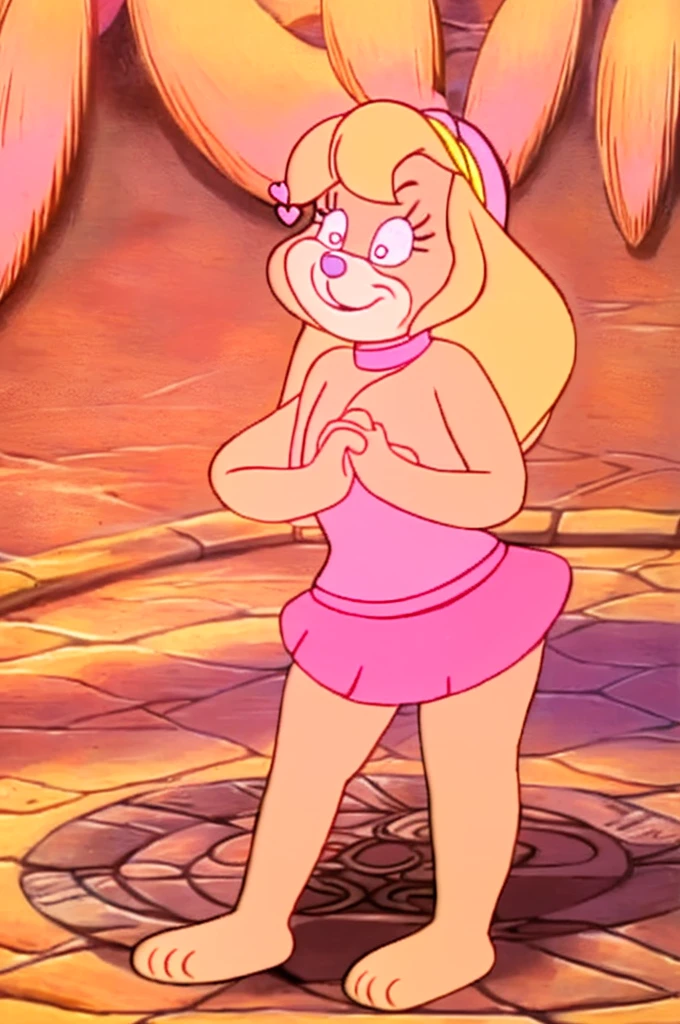 Furry Yellow bunny with white eyes with hot pink pupil and pink collar with a heart, with mat instead of chest without clothes just a skirt cartoonish Hanna-Barbera type, Women, Mexican pink volume skirt, BALD, with her hands holding the skirt, solo