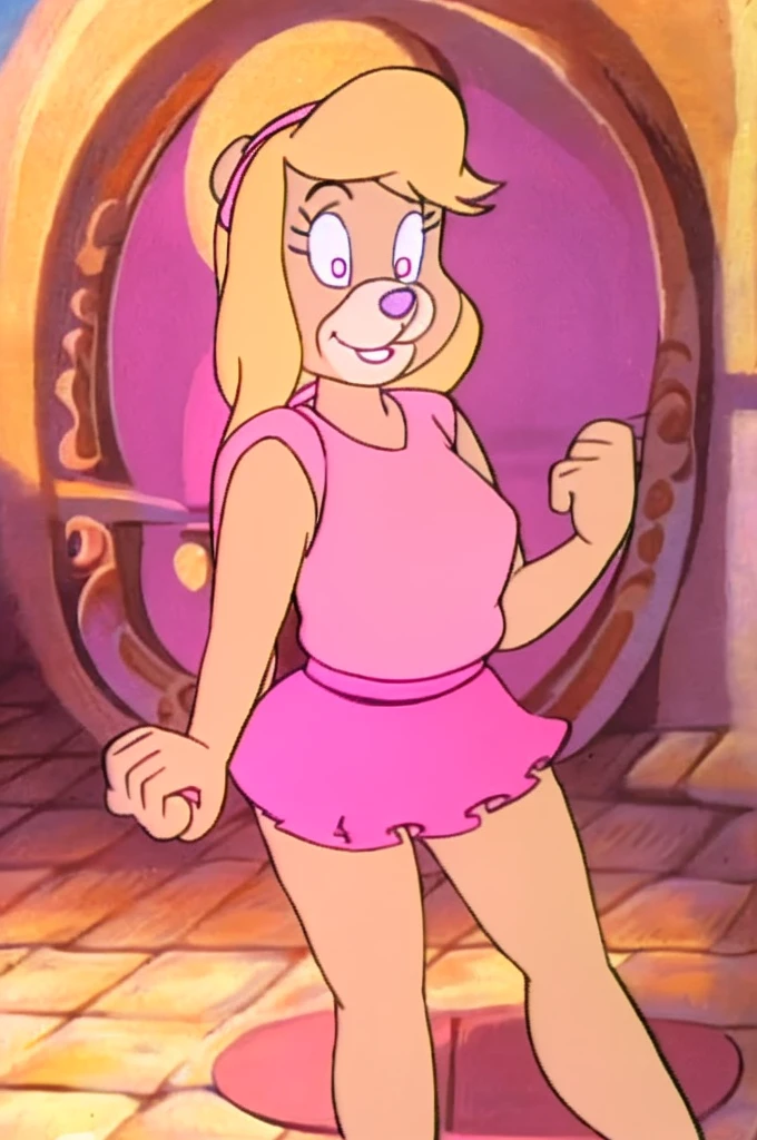 
Furry Yellow bunny with white eyes with hot pink pupil and pink collar with a heart, with mat instead of chest without clothes just a skirt cartoonish Hanna-Barbera type, Women, Mexican pink volume skirt, BALD, with her hands holding the skirt, solo