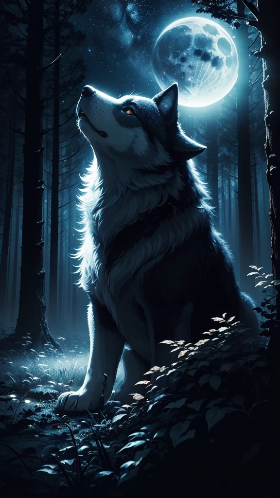 ((masterpiece)),((Highest quality)),((Lots of details)),((Realistic feel)), ((look up:1.6)), Pitch Black, night, Deep in the forest, Moonlight shines, Cool blue shade, Little wolf silhouette, Dim and dim, High Contrast