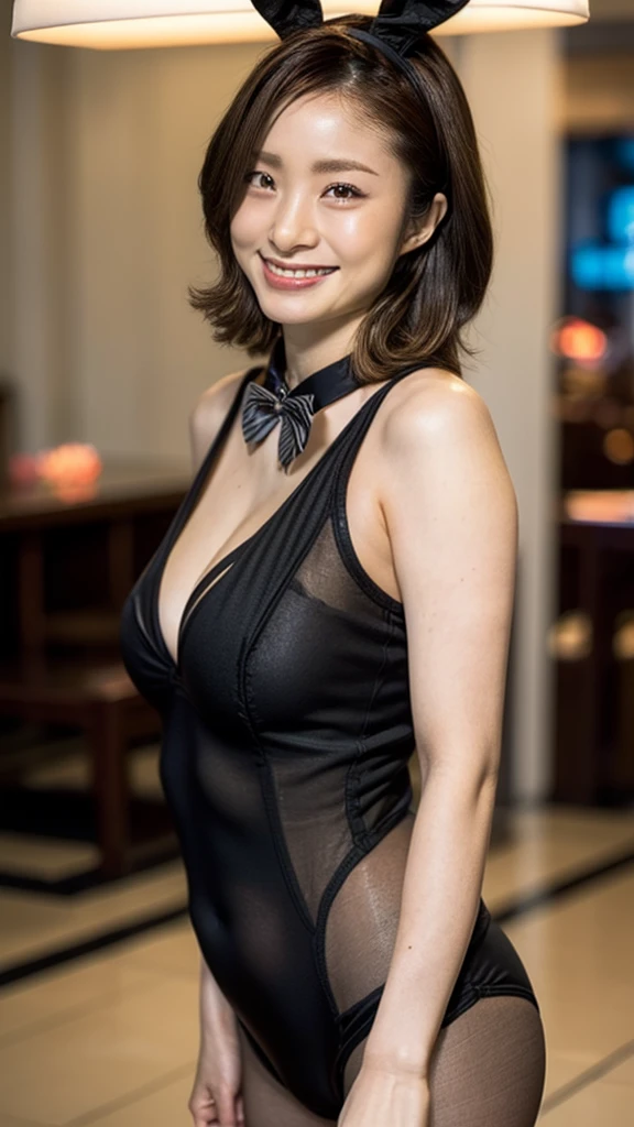 8K,Highest quality, masterpiece, Super detailed, 超High resolution, Realistic, RAW Photos, Absurd, The absolute solution, (uetoaya), Upper Body Shot, View your viewers,Young and cute girl in Japan, Super cute face, Attractive person, Large Breasts,Long Bob Hair,smile,(Playboy Bunny,Bunny ears, black Bunny ears, fake Bunny ears, pantyhose, black pantyhose,bow tie, Wrist cuff, Black leotard:1.3),Beautiful Eyes, カジノでsmileで様を迎える,Glossy Lips, Double eyelids on both eyes, Natural Makeup, Long eyelashes, shiny smooth light brown Long Bob Hair, Asymmetrical bangs, Shiny skin, Center image, High resolution, Attention to detail, Detailed hairstyle, Detailed face, Great cinema lighting, Octane Rendering, Vibrant, Ultra-realistic, Perfect limbs, Perfect Anatomy