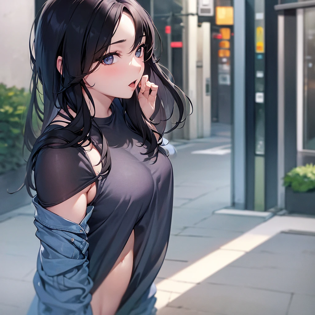 a woman, (realistic), (hyperrealism), (photorealistic), depth of field, eye makeup:0.5, (upper body:1.2), (narrow waist:0.7), looking at the viewer, casual outfit, at the city streets, ???????