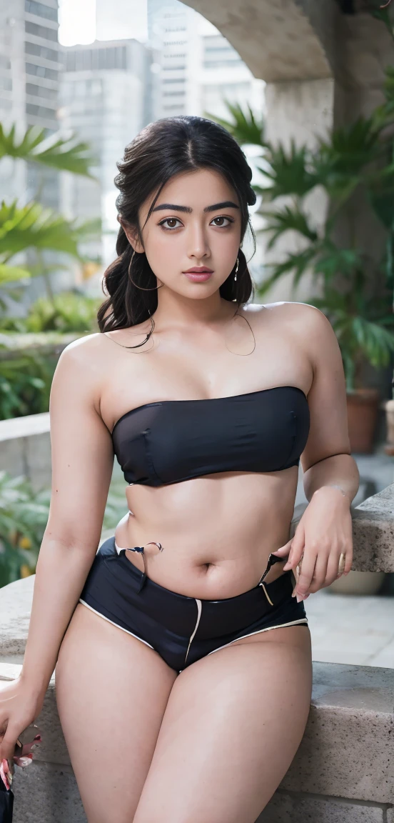 HD wallpaper 32k cinematic shoot of a Beautiful cute Rashmika Mandanna, with thick thighs and a curvy waist, twin braids, wearing a cup bra, horny, seductively, in a school corridor, dotted blouse top, micro denim shorts, sitting, legs crossed, ((thick and voluptuous thighs)), Historic Moorish-style building with arched colonnades and a central tower, reflected in a long rectangular pool. The scene is framed by lush greenery and a tall palm tree, under a clear blue sky.