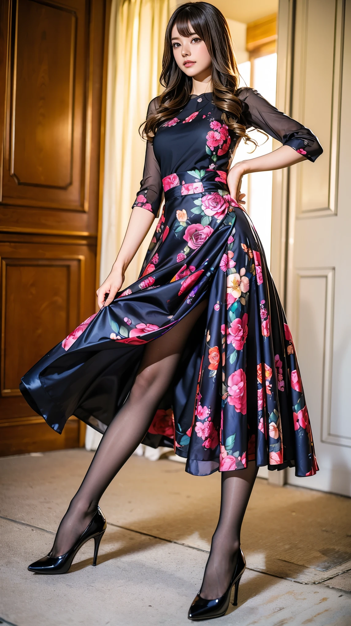 ((masterpiece)),(((Highest quality))),Thin thighs,Long legs,whole body:1.5，(One Girl:1.3),(Black pantyhose and thick pointy heels：1.3),(Wearing a floral long skirt dress:1.2),Short Blonde:1.2、Model pose，