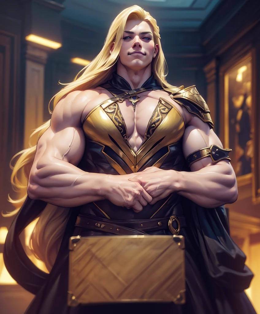 (((Luxurious shoulder length blond hair and sexy smirk.))) (((18 years old.))) (((18yo.))) (((Cute smirk.))) (((Single character image.))) (((1boy)))score_9, score_8_up, score_7_up, In this ultra-realistic 8K art style, a stunning figure takes center stage. TDesign a male bodybuilder as a fantasy character. fantasy adventurer, masterpiece:1.3,madly detailed photo:1.2, hyper-realistic lifelike texture:1.4, picture-perfect:1.0,8k, HQ,best quality:1.0, (masterpiece,fantasy,art, best quality, unreal engine, 8k, ultra HD, centered image, absurdres