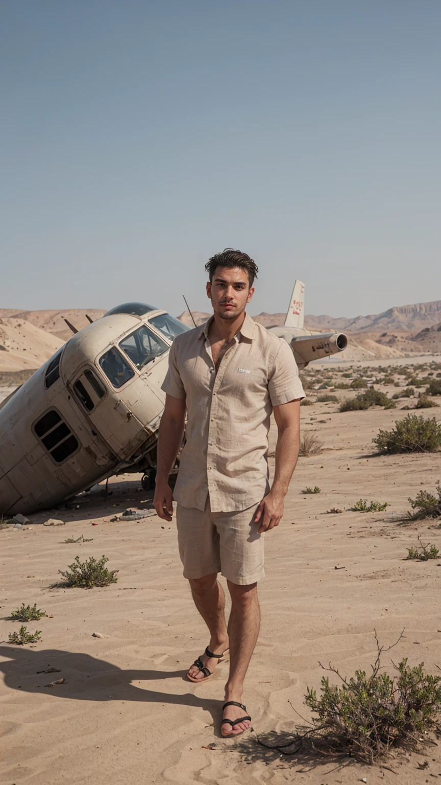 Real image of a handsome athletic Turkish man in his 30s posing in the desert wearing an open beige linen shirt. In the background an abandoned and rusty crashed plane.