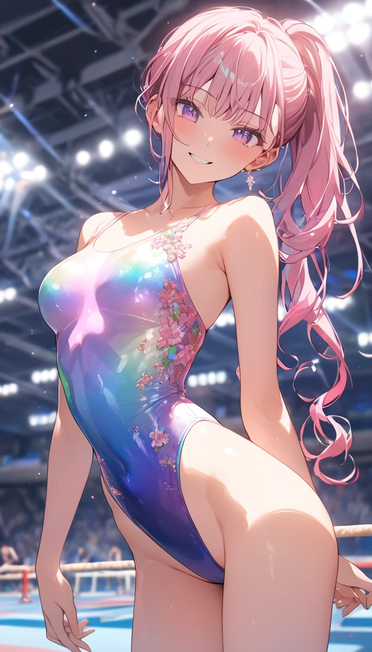 highquality illustration, masterpiece, very delicate and beautiful, attractive girl,(gymnastics leotard, Floral patterns leotard,long sleeve leotard with glittery decoration,high_leg leotard,athletic leotard,tight-fit leotard,iridescent gradient leotard,long-sleeve leotard),thin,slender body,slim,high school,gymnasium background,gymnastics club,gymnastics athlete,princess, beautiful eyes,light smile,(masterpiece, best quality:1.2), highres, extremely detailed CG unity 8k wallpaper, perfect lighting, Colourful, ultra-high res,4K,ultra-detailed, photography, 8K, HDR,  ages, full body,