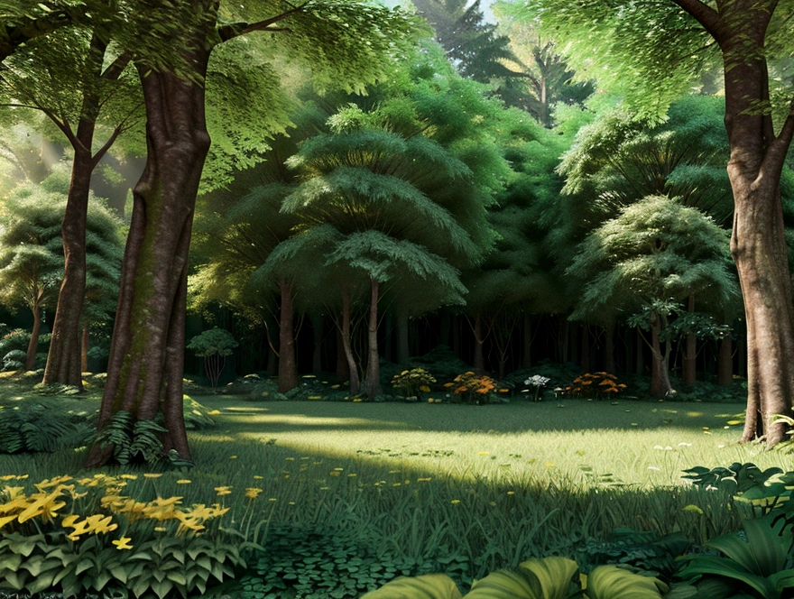 a lush green forest with a curious expression, surrounded by tall trees, colorful flowers, and bright sunlight filtering through the leaves. PIXAR 3D STYLE, SUPER CLEAR