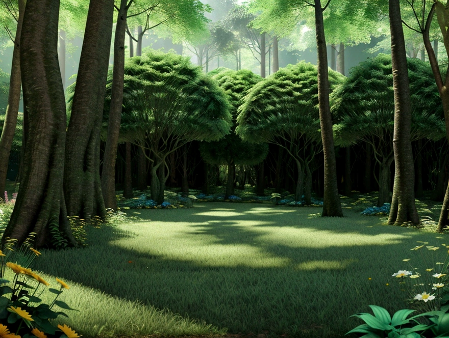 a lush green forest with a curious expression, surrounded by tall trees, colorful flowers, and bright sunlight filtering through the leaves. PIXAR 3D STYLE, SUPER CLEAR