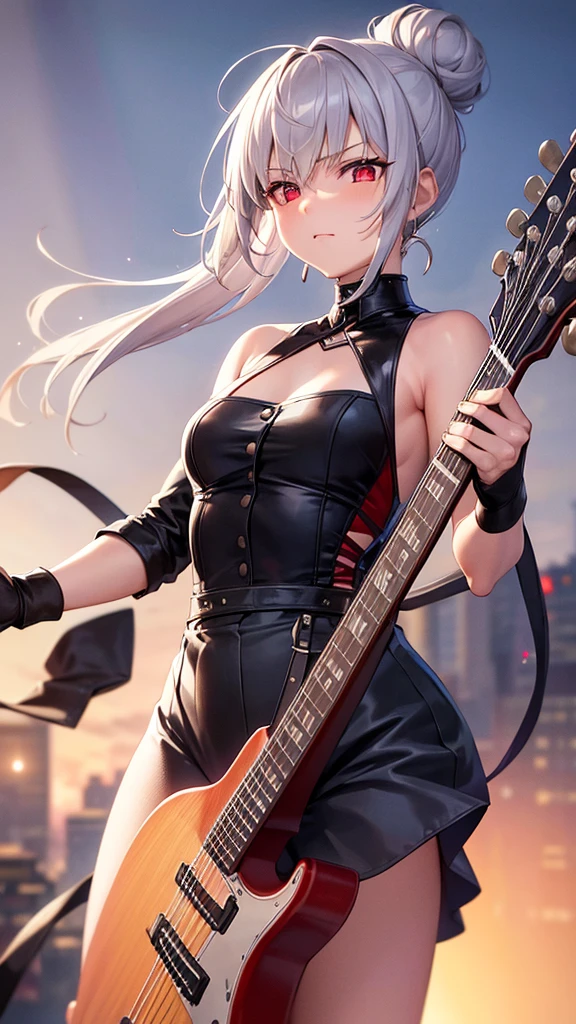 teenager, cleavageSilver hair, silver hair, neck, cleavages,mysterious, red eyes, bun, hair tied up, short hair, single earring, gloves, emotionless, shoulders showing, guitar, red top, skirt
city skyline, ultra-detailed, absurdres, unreal engine, masterpiece, best quality, beautiful eyes, volumetric lighting, silky_hair), best quality, ultra-detailed, looking at viewer, highres, 8k wallpaper, extremely detailed, smooth lighting, 8k, depth of field, masterpiece, cinematic lighting,