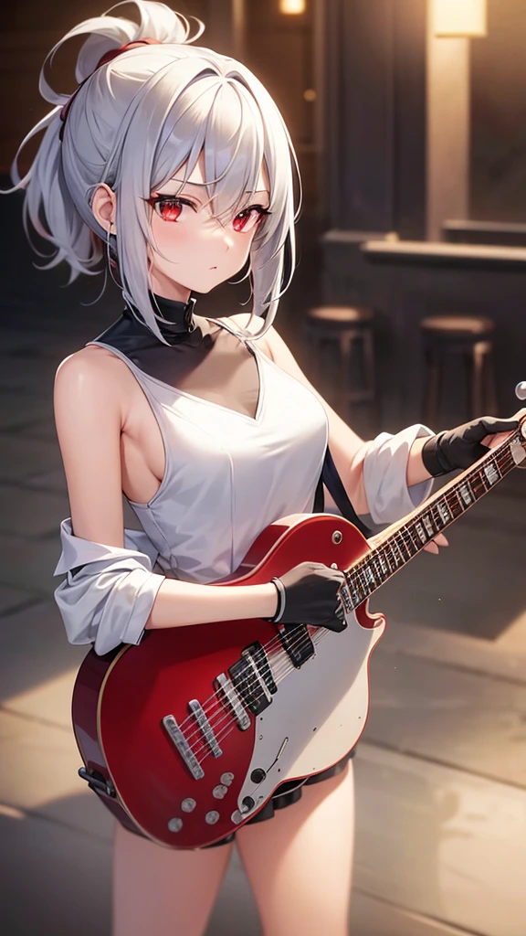 teenager, cleavageSilver hair, silver hair, neck, cleavages,mysterious, red eyes, bun, hair tied up, short hair, single earring, gloves, emotionless, shoulders showing, guitar, red top, skirt
city skyline, ultra-detailed, absurdres, unreal engine, masterpiece, best quality, beautiful eyes, volumetric lighting, silky_hair), best quality, ultra-detailed, looking at viewer, highres, 8k wallpaper, extremely detailed, smooth lighting, 8k, depth of field, masterpiece, cinematic lighting,
