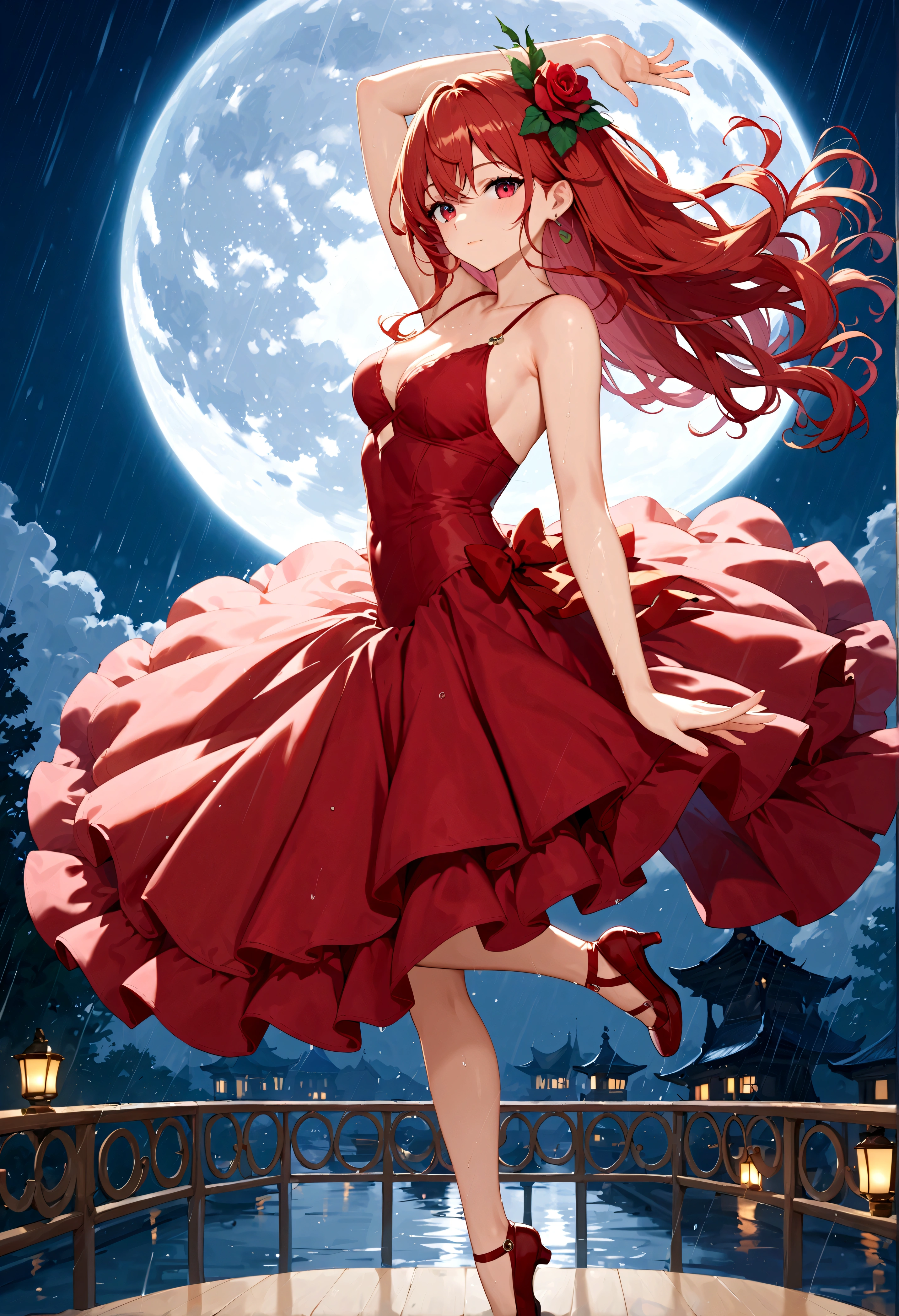 score_9, score_8_up, score_7_up, score_6_up, masterpiece, top quality, best quality, official art, beautiful and aesthetic, anime_source, centered, cinematic shot, view from above, 1girl, red flowing hair, ballerina, yellow dress, hair accessories, dancing in the rain, night, full moon, volumetric lighting, cold color, epic composition, epic proportion, 8KExpressiveh, Ultra HD, 4k image