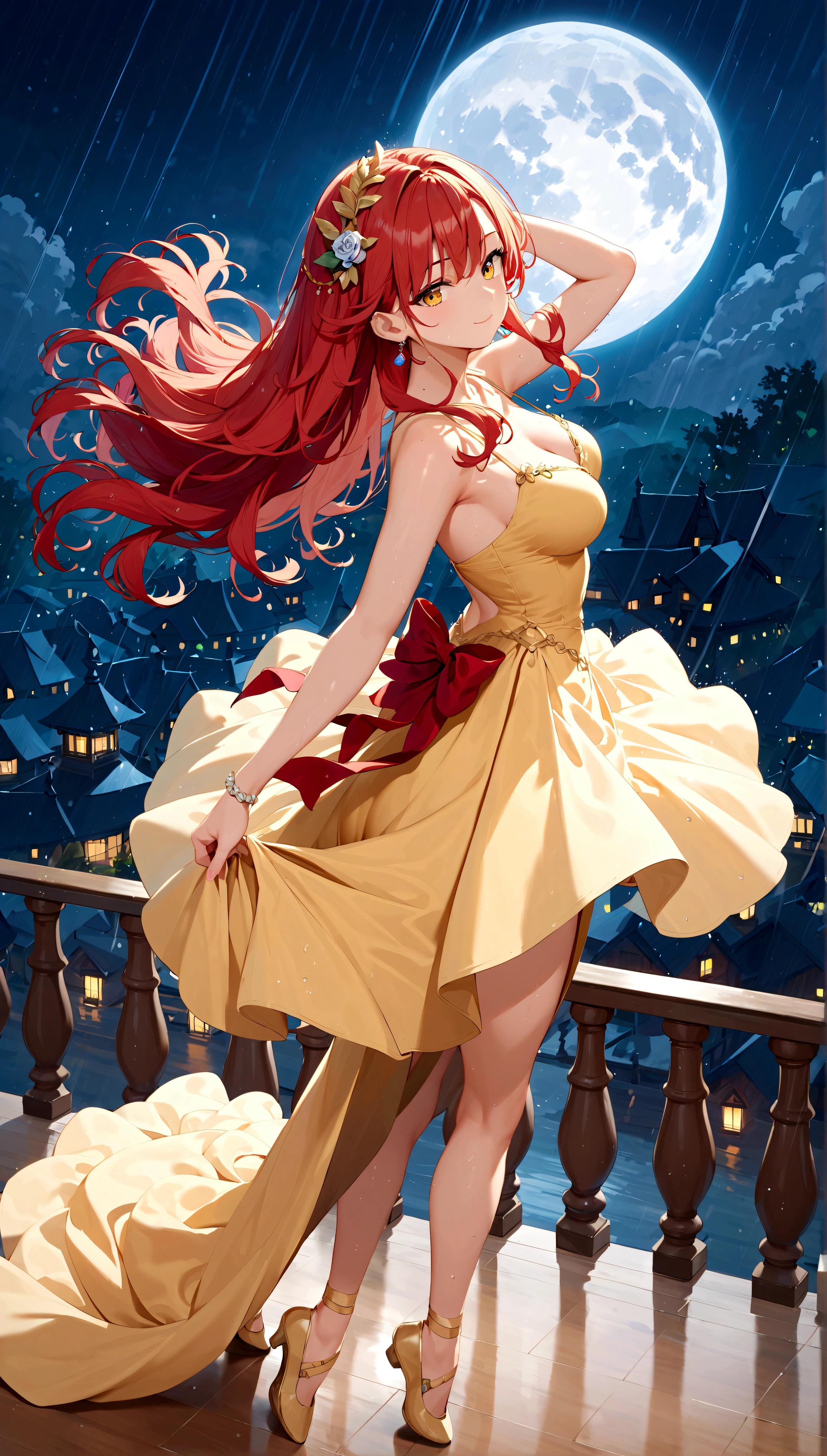 score_9, score_8_up, score_7_up, score_6_up, masterpiece, top quality, best quality, official art, beautiful and aesthetic, anime_source, centered, cinematic shot, view from above, 1girl, red flowing hair, ballerina, yellow dress, hair accessories, dancing in the rain, night, full moon, volumetric lighting, cold color, epic composition, epic proportion, 8KExpressiveh, Ultra HD, 4k image