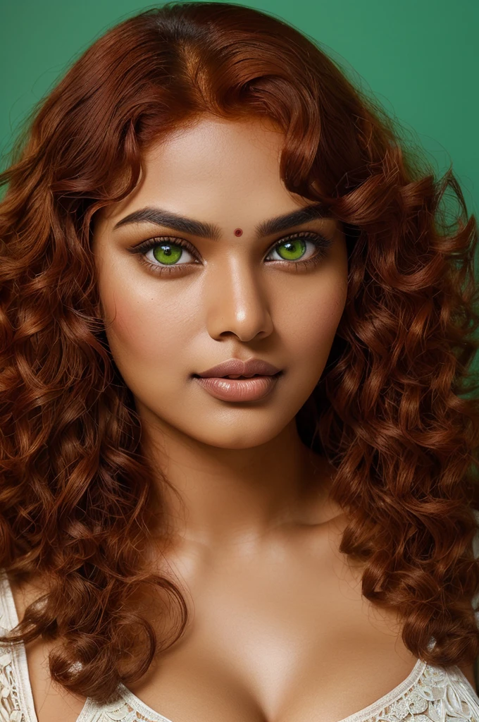 ((professional portrait photograph of a gorgeous Indian woman, curly hair, red hair color, green eye color, almond eye shape, round face, high cheekbones, chestnut brown skin tone, round lips, plus size, large breast))