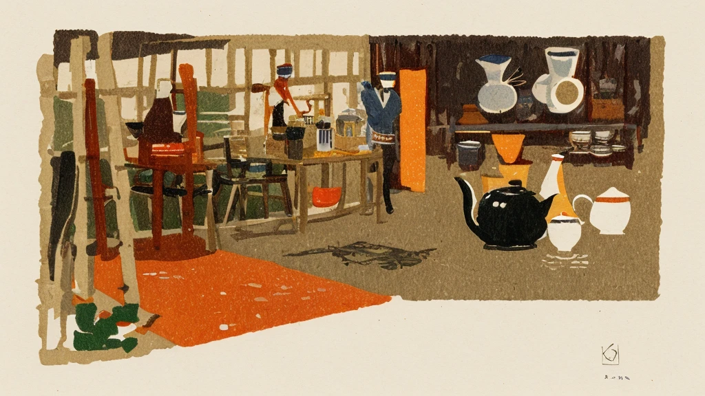 Illustration: simple lines, woodblock print style. About making Chinese tea Preparing equipment Meticulously draw a teapot, teacup, tea leaves, kettle, and measuring spoon. The artist's signature does not appear.