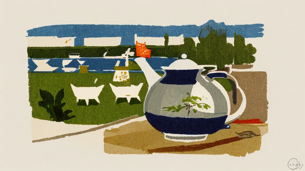 Illustration: simple lines, woodblock print style. About making Chinese tea Preparing equipment Meticulously draw a teapot, teacup, tea leaves, kettle, and measuring spoon. The artist's signature does not appear.