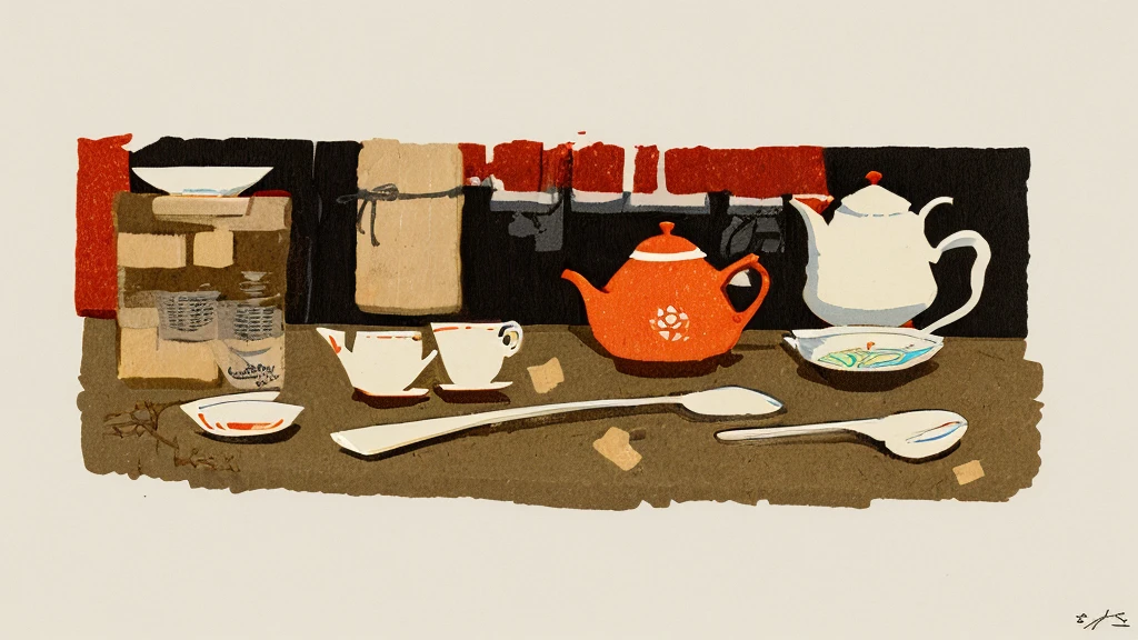 Illustration: simple lines, woodblock print style. About making Chinese tea Preparing equipment Meticulously draw a teapot, teacup, tea leaves, kettle, and measuring spoon. The artist's signature does not appear.