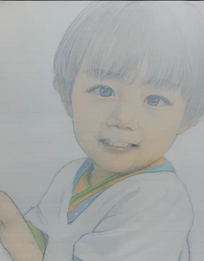 Realistic color photography style、Smiling emphasizes nasolabial folds. Make the chin a little thinner and accentuate the nasolabial folds.、I want it to look more like a color photograph............。3 year old boy, Xu々To、Clearly visible、鼻から口Toかけての深いほうれい線を強調します、Generate left and right dimples、Show me your beautiful smile.。Make your eyes look cute with double eyelids.