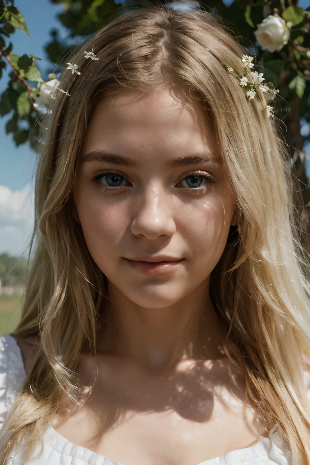 Best image quality, 4k, masterpiece, teenage female, white and tender skin, blonde floppy long hair, red eyes, green and slightly mature, cute and soft, young, godly eyes, exquisite hair, look at the lens, face focus, smile, delicate facial features, front lighting, front light source, portraiture, face magnification, face close-up, above the shoulder, cute feeling, excellent posture to capture the sight, portrait painting effect, blue sky and white clouds, roses
