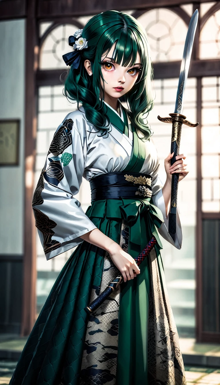 Yamata no Orochi personified))) (Beautiful woman in training), Snake print tights, (((Japanese style clothing, gothic, lolita))) (Dark green hair), (Holding a Japanese sword)