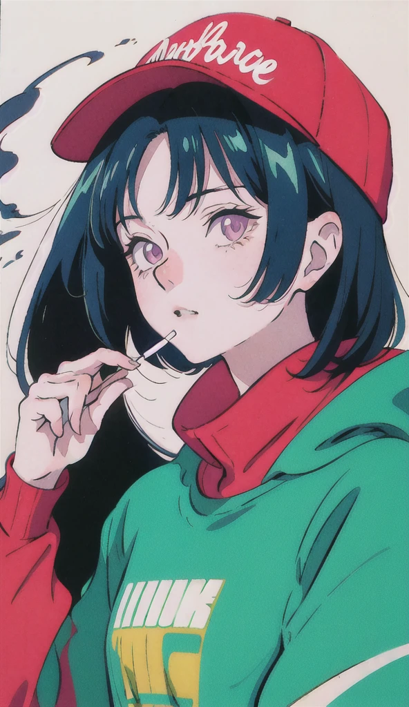 Woman in baseball cap,He is holding up a cigarette and smoking.。, Anime atmosphere of the 80s, 90s anime style, 90s anime style, 80s anime style, In 80s anime art style, 90s anime art style, Anime atmosphere, 80s anime art style, 1980's anime style,Neon Light