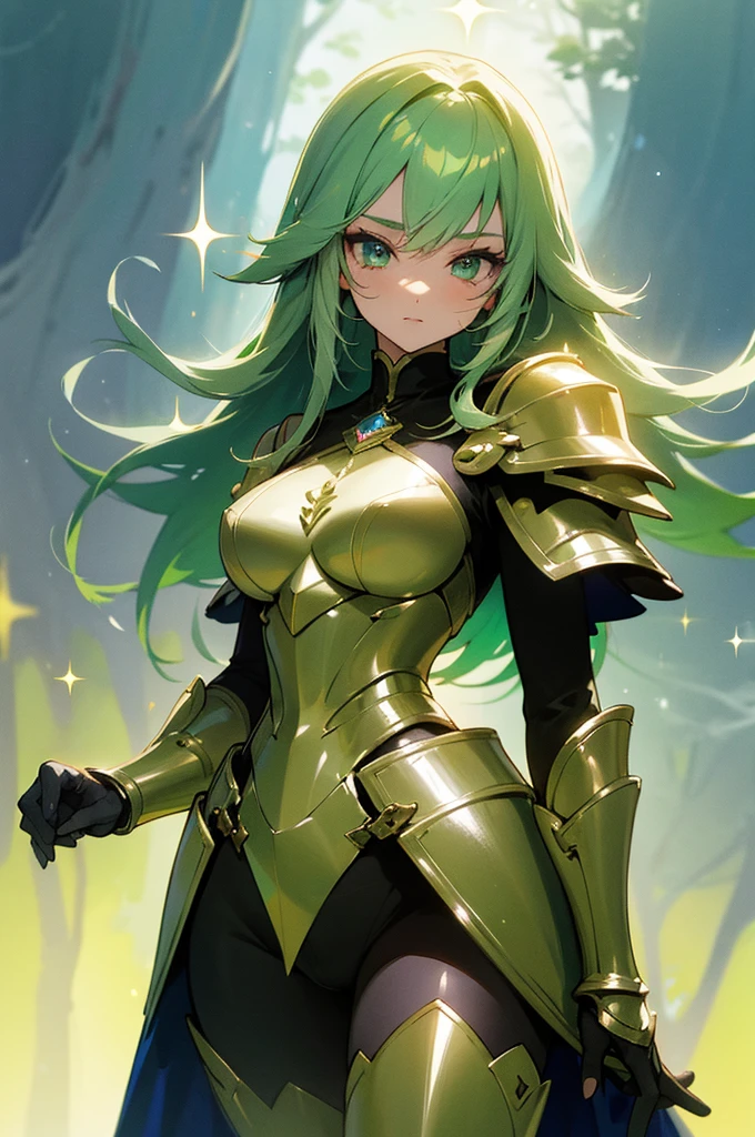 digital art, very soft and cute style, an anime girl, pretty face, pretty hair, (super glittery hair), green hair, shining eyes, looks alluring and very confident, wearing fancy armor, sexy armor, (super glittery), (colorful), grand accessories, (very glittery), quite sexy, standing, omit ugly hands, body shot, forest background, very soft and cozy atmospheres