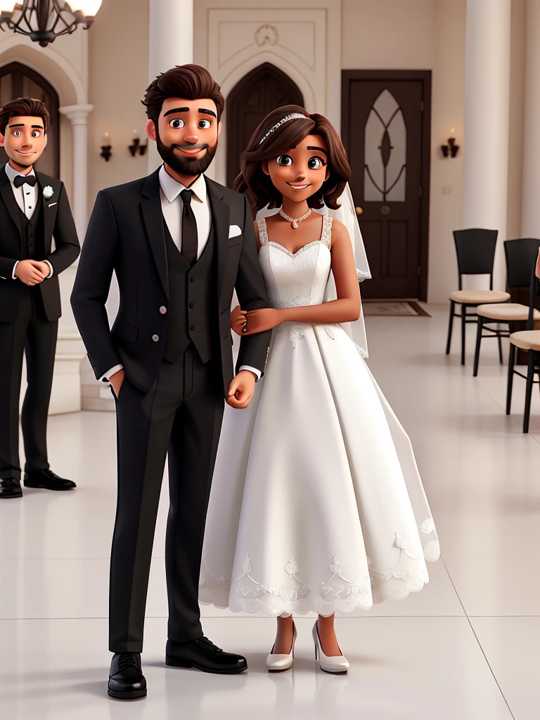 Description:
A man in a black suit with short hair and a beard.
A woman with long light brown hair wearing a white wedding dress.
The couple is happy and smiling.