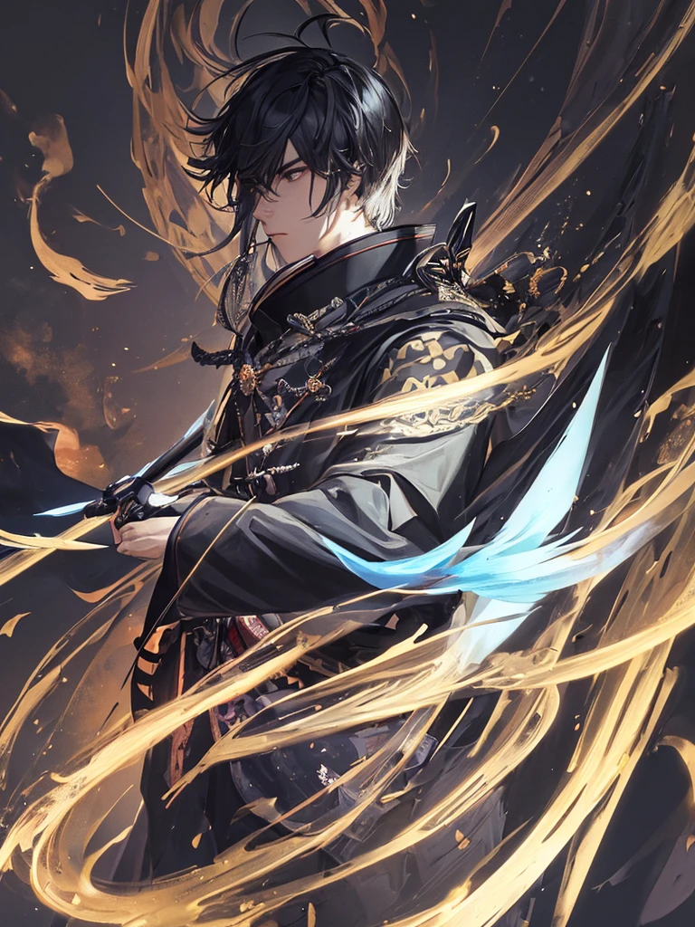clearing, here is the description focused only on the character Gabriel:
Gabriel is standing, displaying a majestic and powerful presence. He wears an elegant black kimono, decorated with subtle details that combine samurai and ancient Chinese elements. His katana is a blade of vibrant blue energy, emitting a pulsating electric glow around you. Gabriel's wings are made of pure energy, similar to luminous feathers that radiate a soft, heavenly light. In your firm and determined stance, Gabriel personifies the combination of elegance and strength, standing out as a celestial being in his own right.