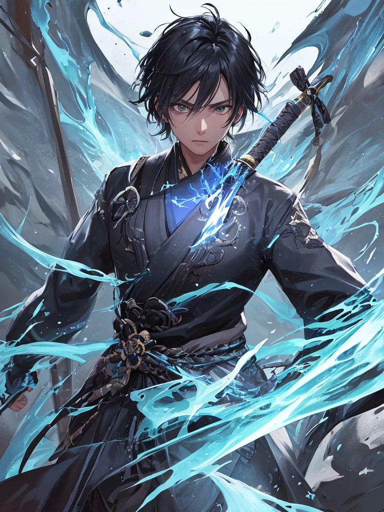 clearing, here is the description focused only on the character Gabriel:
Gabriel is standing, displaying a majestic and powerful presence. He wears an elegant black kimono, decorated with subtle details that combine samurai and ancient Chinese elements. His katana is a blade of vibrant blue energy, emitting a pulsating electric glow around you. Gabriel's wings are made of pure energy, similar to luminous feathers that radiate a soft, heavenly light. In your firm and determined stance, Gabriel personifies the combination of elegance and strength, standing out as a celestial being in his own right.