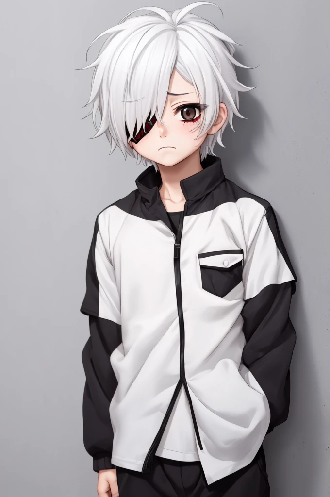 anime boy, white hair,one eye black, one eye red,thin body,sad,beautiful, cute,tall,