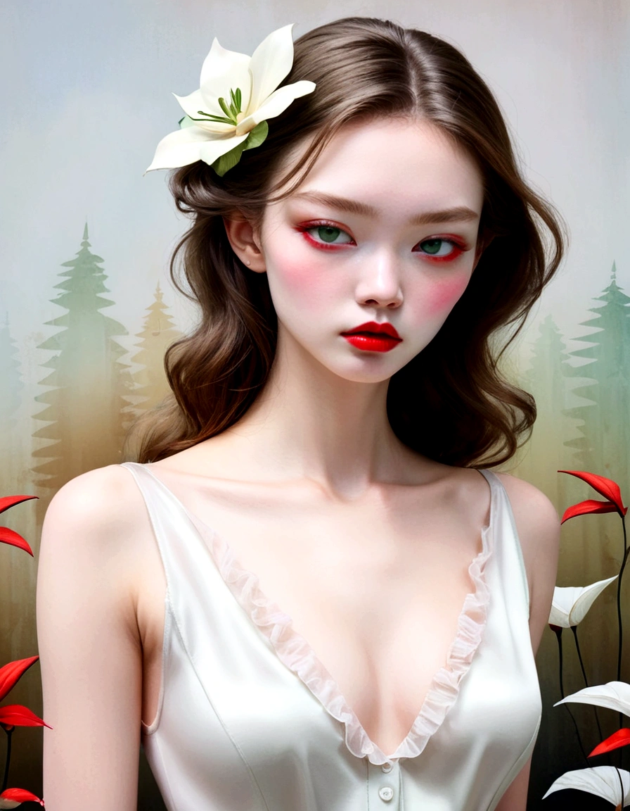 (Close-up of the upper body of a woman wearing a green sleeveless frilly blouse), Surrealistic, realistic and exquisite digital illustration, (Beautiful face_delicate features, clear and pale skin), long brown wavy hair, inspired work,