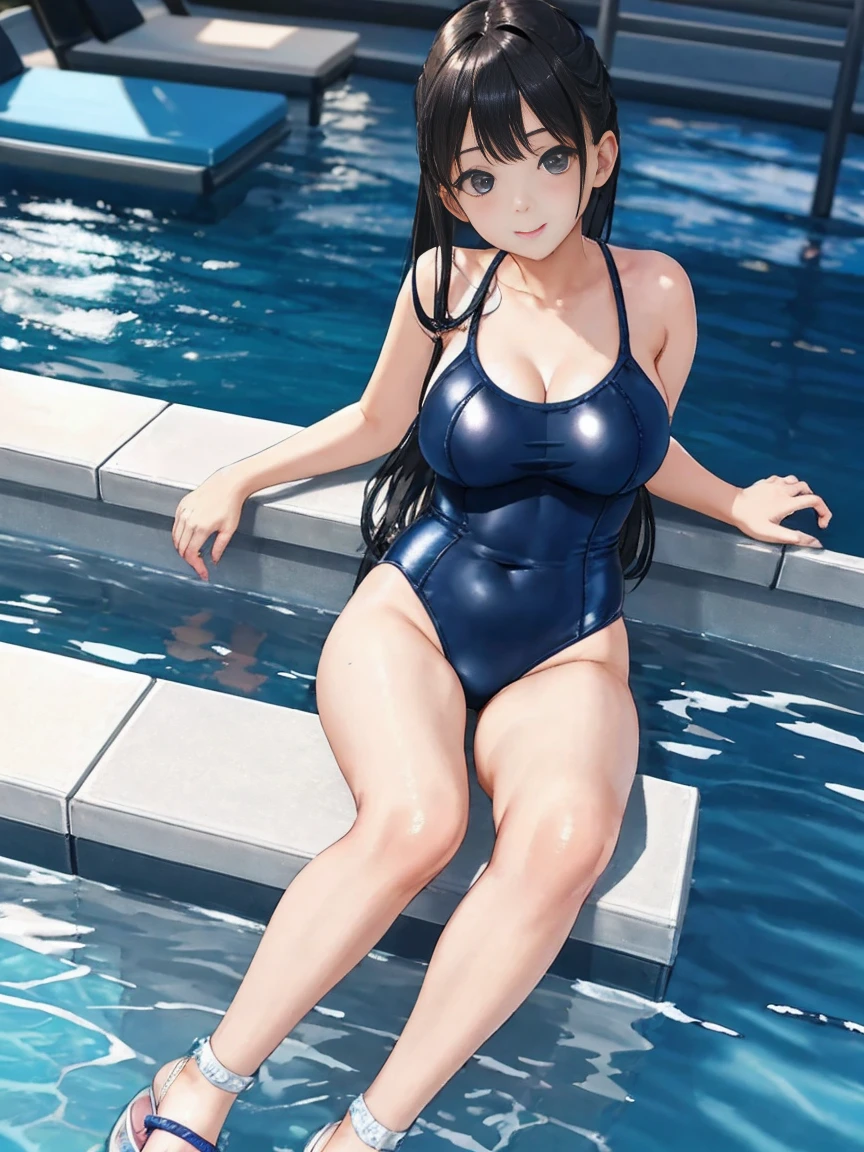 uhd,professional,best quality, ,masterpiece, ultra high res, (photorealistic:1.4), RAW photo,18yo,One Japanese girl,cute:1.3,,Trend Hair Color,Trendy hair for girls,1girl,embarrassed:1.4,Girl Makeup,cute idol:1.5,large breast,Perfect body shape,low angle full body shot,flip flops, (Detailed real leisure pool),Taken from directly below,Detailed realistic,Online shopping,looking at the camera、Cute pose,Face Zoom、 specialty store,Super detailed real school swimwear:1.4,navy blue Leotard type
