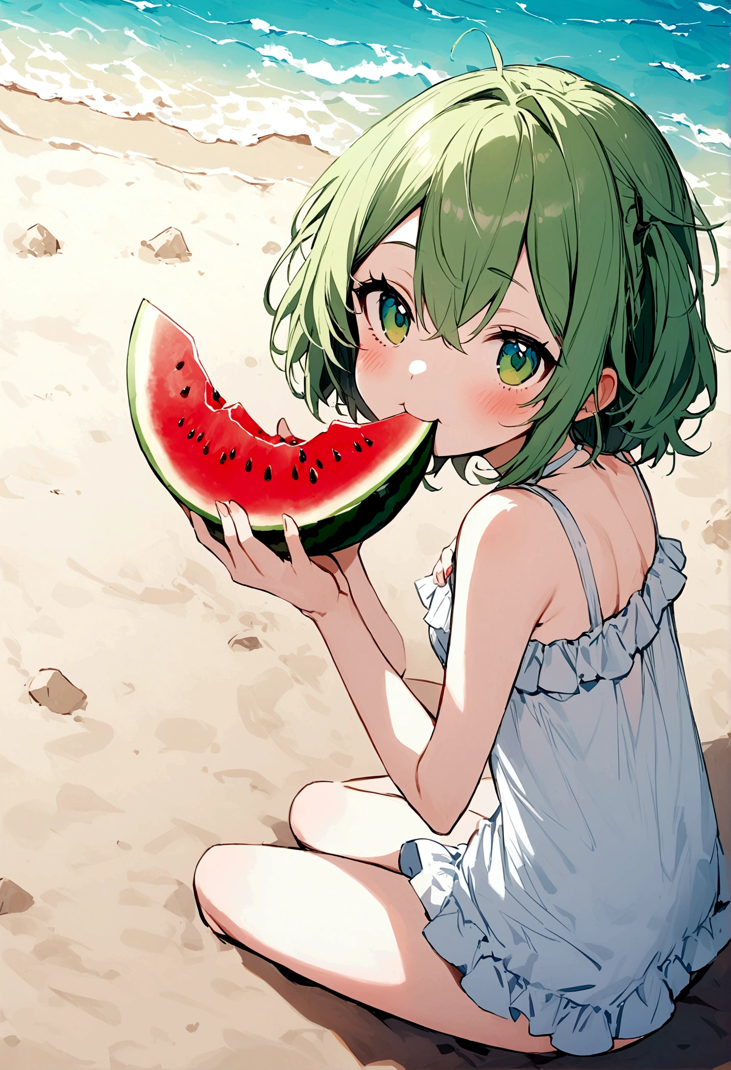 Character Senko San eating watermelon on the beach