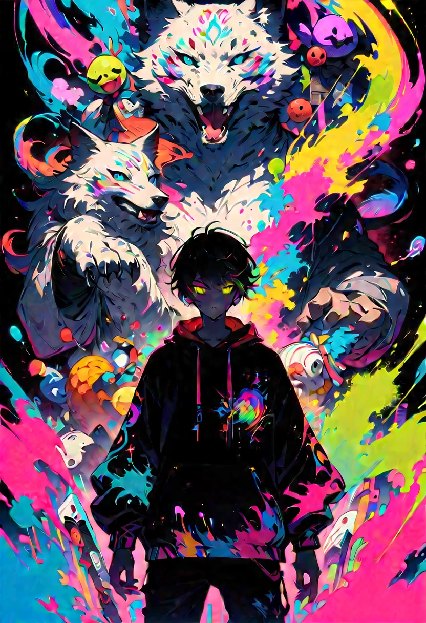 style2,独奏,1boy,holding a maskサイバーパンクウルフ、Fantasyの世界、Dark Background、Clean design、Magnificent Instagram、Art Station、Splatters of colorful paint、silhouette、非常に詳細なIntricate details、Unreal engine、Fantasy、Intricate details、Splash screen、Complementary Color、Fantasyのコンセプトアート、8K resolution、A deviant masterpiece、oil、Heavy Strokes、Drip Paint、(White background: 1.3)、Rainbow skin、(((young wolf)))、(Glowing red eyes)、((Bright Eyes))、(Indifferent look\\),, 、 --at 6