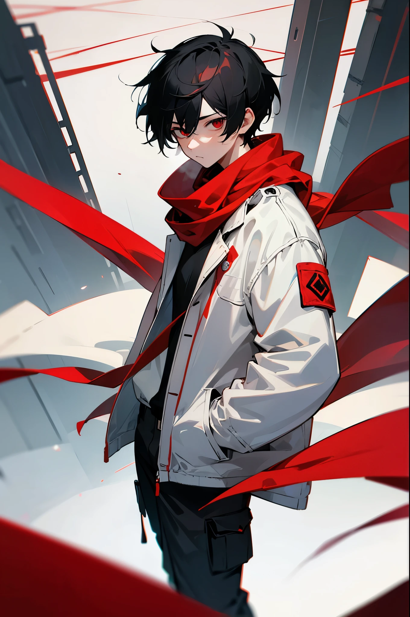 1boy, short black hair, red eyes, wearing a white jacket, black cargo pants, wearing a red ribbon as a scarf, sad, city, absurdres, high res, ultrasharp, 8k, masterpiece