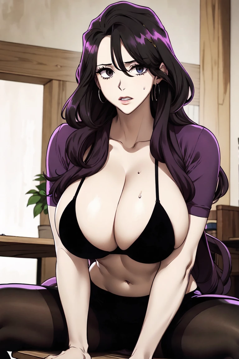 (best quality,An unrivalled masterpiece:1.4),Ultra-fine CG 4K,Mature female,22 years old,MILF,Purple long hair,Beautiful,Black bikini,Black pantyhose,Sweating,Spread your legs,sit on the chair,Breasts that are too big,Unsupportable,Breast sagging,Huge breasts,Huge cleavage breasts,Nipple protrusion,Expose