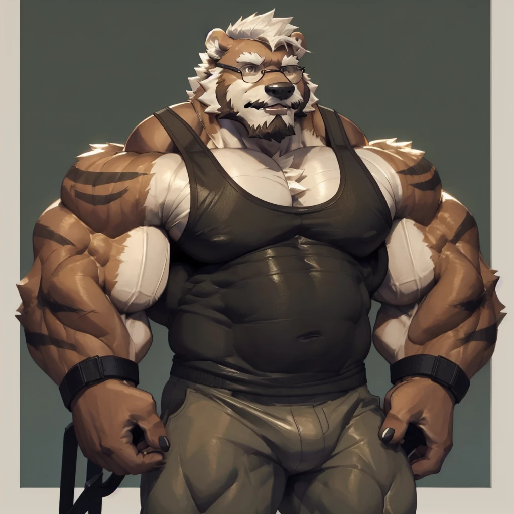 solo, 1boy, Huge Muscular Old Grizzly Bear wearing glasses , pectoral, huge pectoral, wide pectoral, short white hair, short pants, black wristbands and black tank top , bearded, Mustache, simple background, masterpiece, high detailed, 8k, high resolution, at the gym, flexes huge muscles