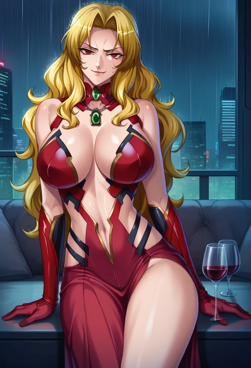 score_9, score_8_up, score_7_up, 
1girl, alicia viewstream, blond hair, long hair, wavy hair, parted bangs, red eyes, wine, looking at viewer, smirk, detailed face, red long dress, bare shoulders, red elbow gloves, large breasts, thighs, necklace,  intricate luxury room, window, cyberpunk city, rain, night, city lights