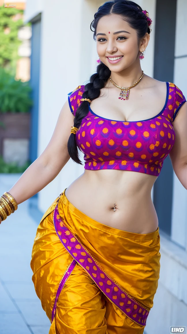HD wallpaper 32k cinematic shoot of a Beautiful cute girl, with thick thighs and a curvy waist, twin braids, wearing an Indian blouse top, horny, seductively, in a school corridor, dotted blouse top, smiling, ((long curvy waist)), ((lowwaist)), ((curvy waist))