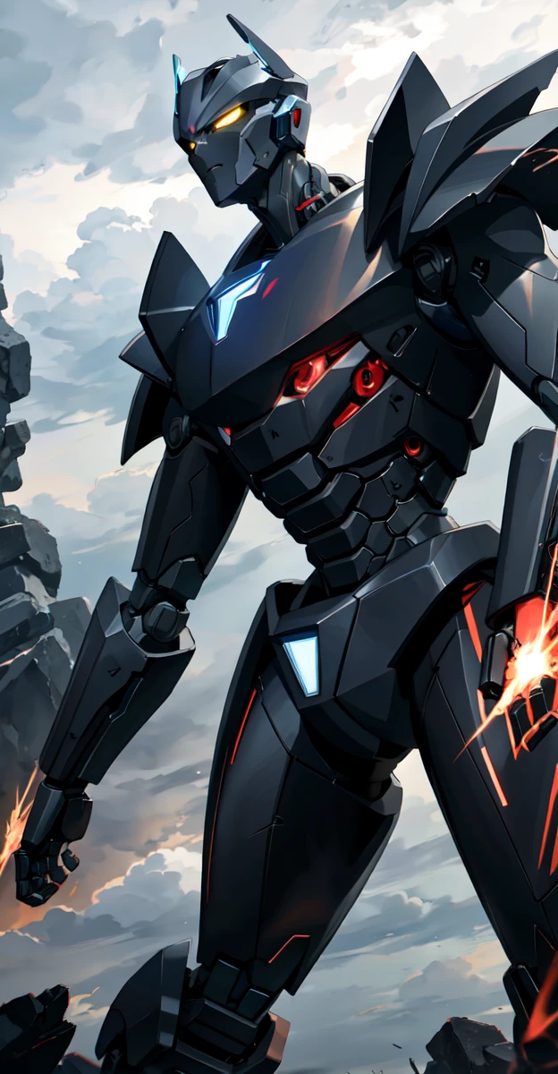 A colossal robot standing in the midst of a violent thunderstorm. The robot has a powerful and intimidating presence with a sleek, armored body in shades of dark blue and red. Its eyes are glowing brightly, and a radiant energy core is visible on its chest. Lightning bolts are striking around and onto the robot, illuminating the scene with intense, dramatic light. The robot’s cape is tattered and flutters in the fierce wind. The background is filled with dark, stormy clouds, with occasional bursts of lightning cutting through the sky. The overall atmosphere is intense and electrifying, conveying a sense of epic power and dominance.