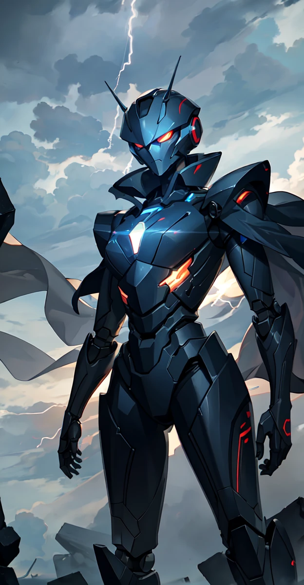 A colossal robot standing in the midst of a violent thunderstorm. The robot has a powerful and intimidating presence with a sleek, armored body in shades of dark blue and red. Its eyes are glowing brightly, and a radiant energy core is visible on its chest. Lightning bolts are striking around and onto the robot, illuminating the scene with intense, dramatic light. The robot’s cape is tattered and flutters in the fierce wind. The background is filled with dark, stormy clouds, with occasional bursts of lightning cutting through the sky. The overall atmosphere is intense and electrifying, conveying a sense of epic power and dominance.