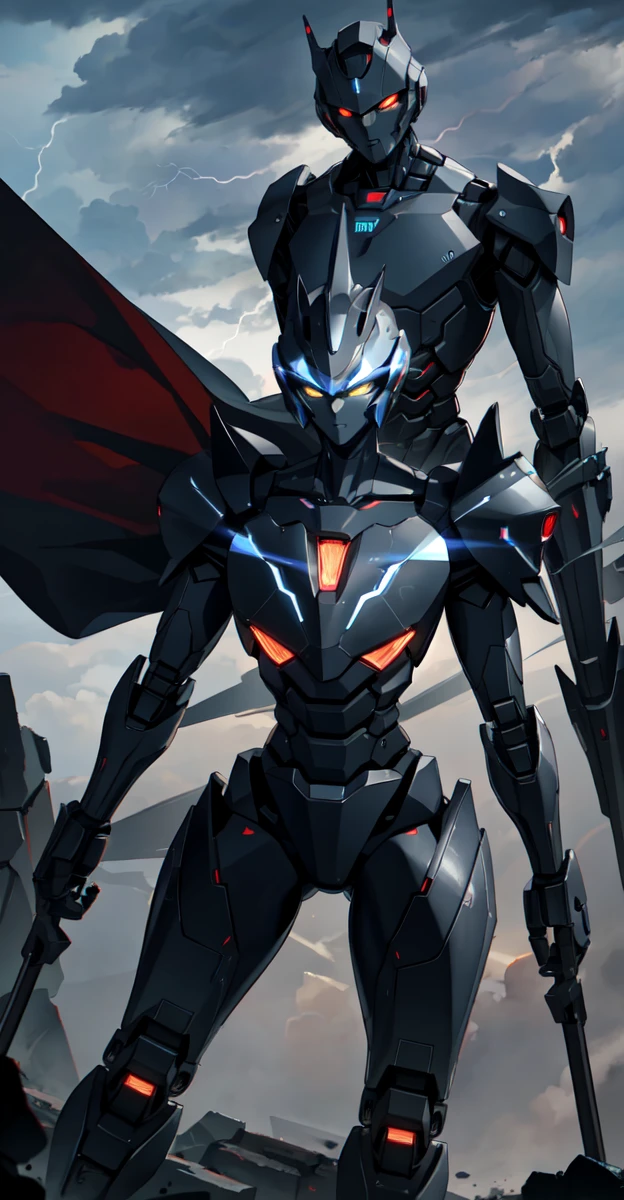 A colossal robot standing in the midst of a violent thunderstorm. The robot has a powerful and intimidating presence with a sleek, armored body in shades of dark blue and red. Its eyes are glowing brightly, and a radiant energy core is visible on its chest. Lightning bolts are striking around and onto the robot, illuminating the scene with intense, dramatic light. The robot’s cape is tattered and flutters in the fierce wind. The background is filled with dark, stormy clouds, with occasional bursts of lightning cutting through the sky. The overall atmosphere is intense and electrifying, conveying a sense of epic power and dominance.