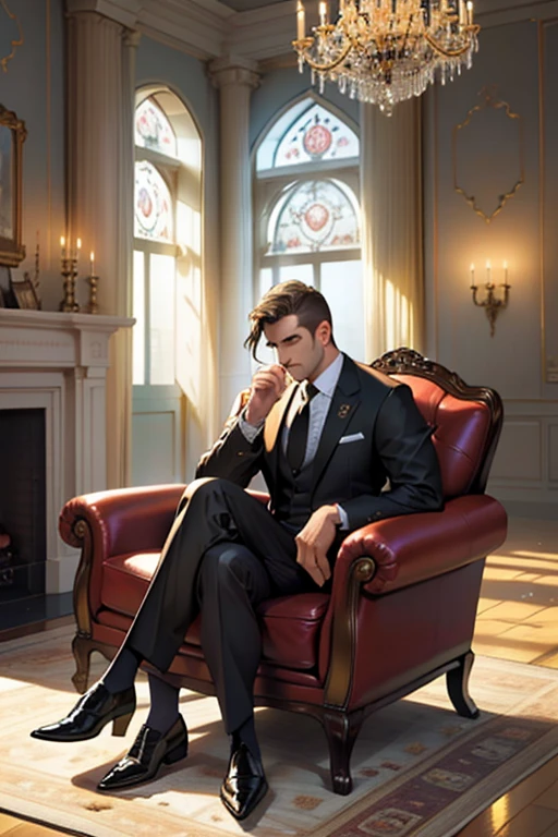 (Best Quality, 4k, high resolution, Masterpiece: 1.2), A professional man in a sharp suit and tie, holding a newspapers with serious expression, sitting on a plush armchair in a spacious, fantastical house room. The sun rays filtering through the large bay windows illuminating the scene. His eyes are intently focused on the pages of the newspaper, a cup of hot coffee resting on the side table.
A magnificent chandelier hangs above, casting a warm glow on the man and the room. The walls are adorned with intricate patterns and golden trimmings. An ornate fireplace crackles gently in the background, adding to the co