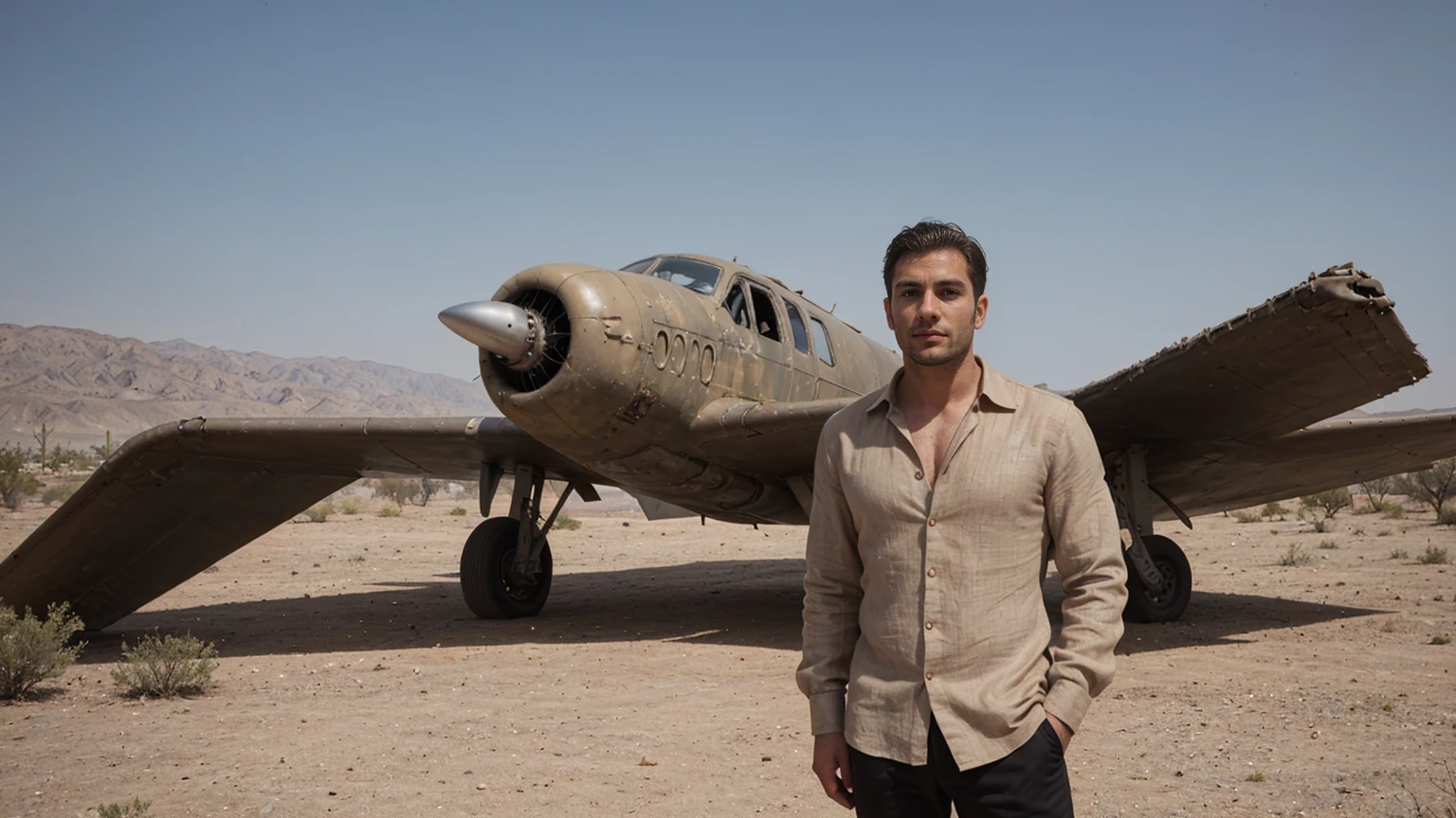 Real image of a handsome athletic Turkish man in his 30s posing in the desert wearing an open beige linen shirt. In the background an abandoned and rusty crashed plane.