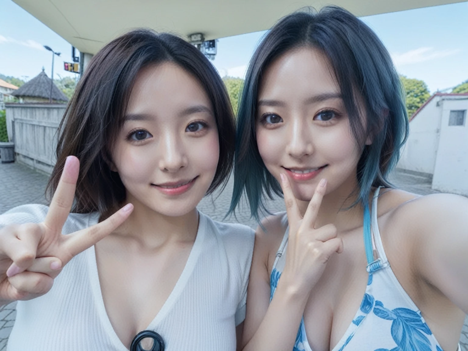 Two women making peace signs and taking a photo, 8K Selfie, Shot with Go Pro Hero8, Filmed with GoPro9