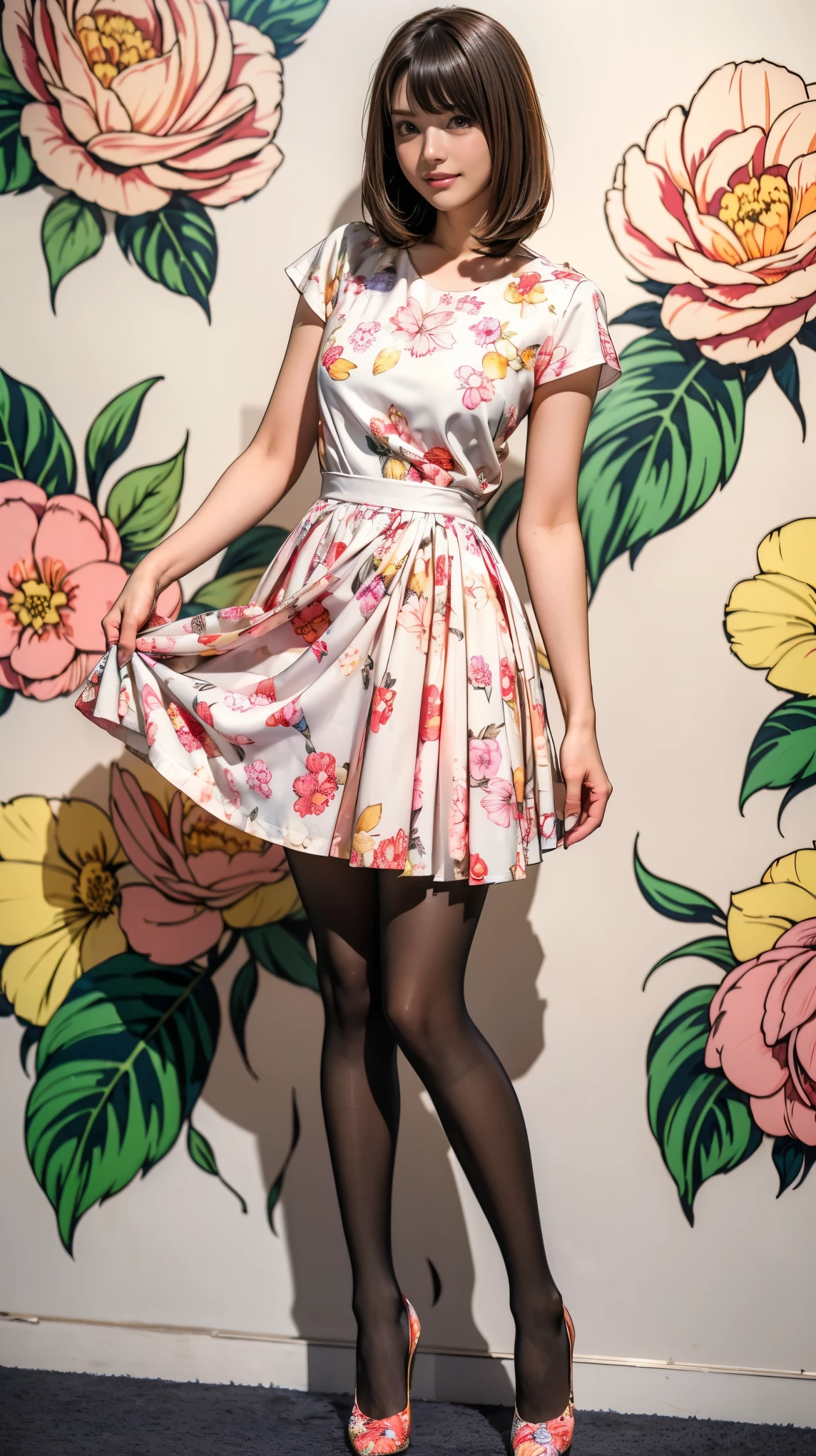 ((masterpiece)),(((Highest quality))),Thin thighs,Long legs,whole body:1.5,(One Girl:1.3),(Black pantyhose and thick pointy heels:1.3),(Wearing a floral print mid-long flared skirt dress:1.2),Short blonde hair:1.2、Model pose,