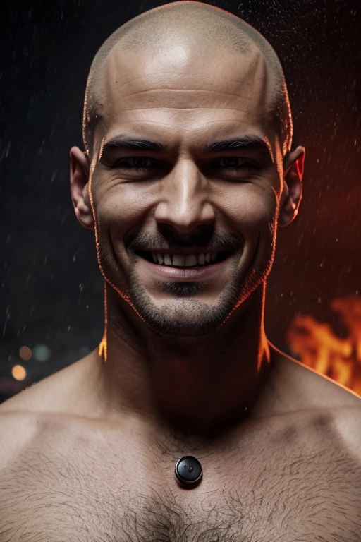 a man with an evil smile buttoning his shirt, raining in the city, fire burning in the background, Shaved head, red border lighting, 8k, UHD, [sincere, aficionado], cinematic lighting, Upper part of the body, Very detailed face, close up, serious face, villain