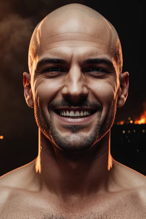 a man with an evil smile buttoning his shirt, raining in the city, fire burning in the background, Shaved head, red border lighting, 8k, UHD, [sincere, aficionado], cinematic lighting, Upper part of the body, Very detailed face, close up, serious face, villain