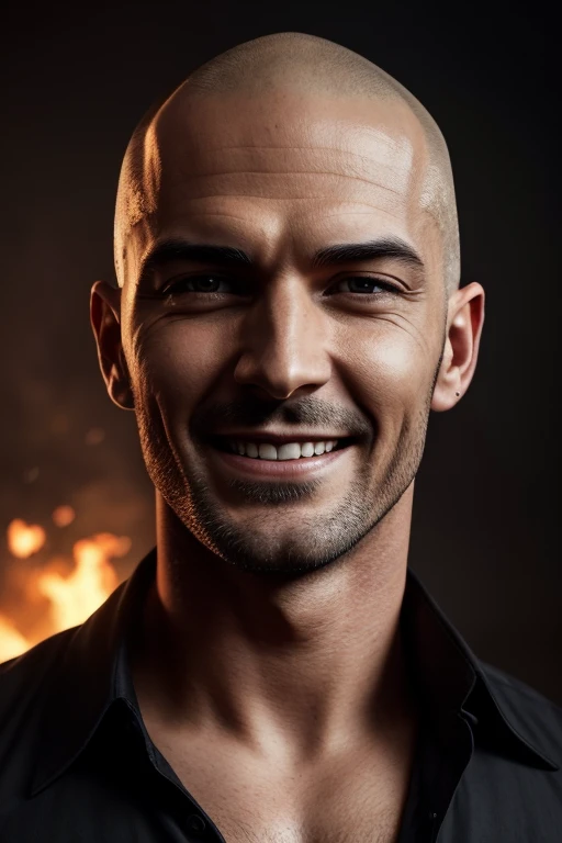 a man with an evil smile buttoning his shirt, raining in the city, fire burning in the background, Shaved head, red border lighting, 8k, UHD, [sincere, aficionado], cinematic lighting, Upper part of the body, Very detailed face, close up, serious face, villain