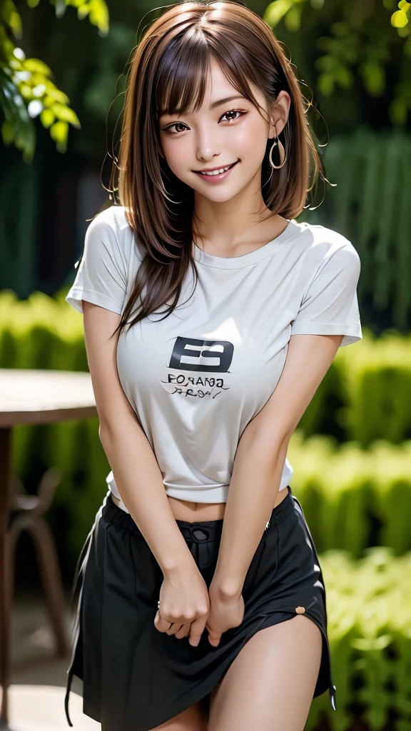 Tabletop, Highest quality, shape, Very detailed, In detail, High resolution, 8k wallpaper, Perfect dynamic composition, Beautiful attention to detail,Long Hair、smile,20-year-old girl、cute、A sexy look for the camera、Private Server、Big Breasts、A big bust that seems to burst、Brown Hair、Super long hair、Private Server、T-Shirts.In town